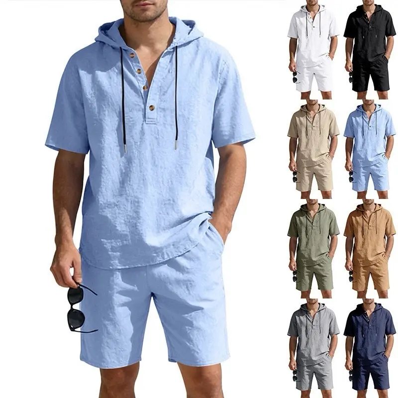Men's 2-Piece Linen Casual Clothes Set - Hooded Short Sleeve Shirt, Loose-Fit Breathable Shorts, Summer Stylish Menswear Outfit