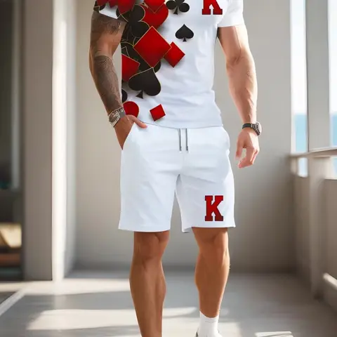 Men's Summer Casual Sportswear Set, Casual Sports Style, 3D Geometric Print, Comfortable Polyester Knit Tee, Drawstring Short Pants, Round Neck, Fitted, Activewear Set, Sporty Shorts Set