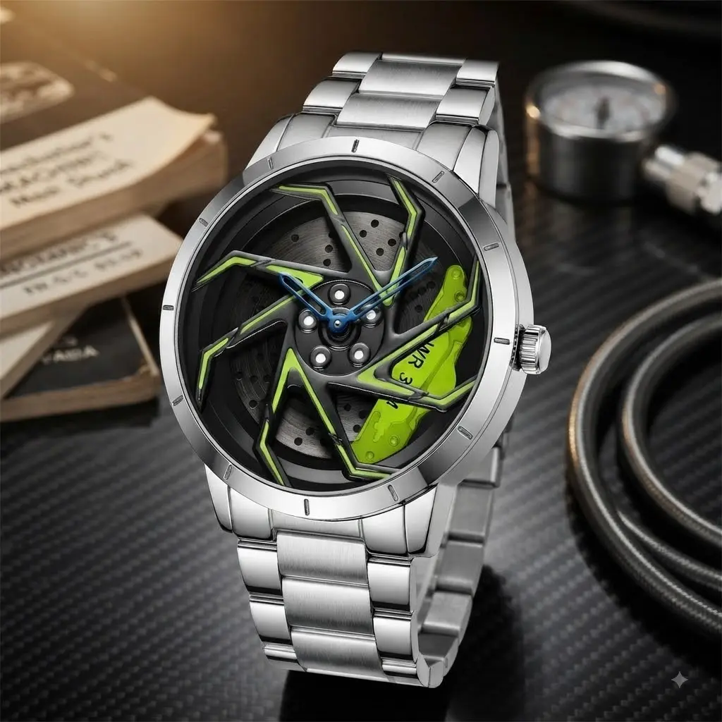 Quartz Wristwatch, Men's Creative Car Wheel Hub Rim Watch, 3D Hollow Rotating Dial, Waterproof Analog Sport Wrist Watch with Comfortable Leather Strap
