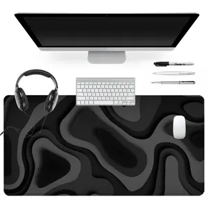 XXL Gaming Mouse Pad Topographic Design, Large Extended Desk Mat 35.4x15.7 Inch, Non-Slip Rubber Base, Abstract Black Topography Contour Map Mousepad for Gaming Office (Black/Grey)