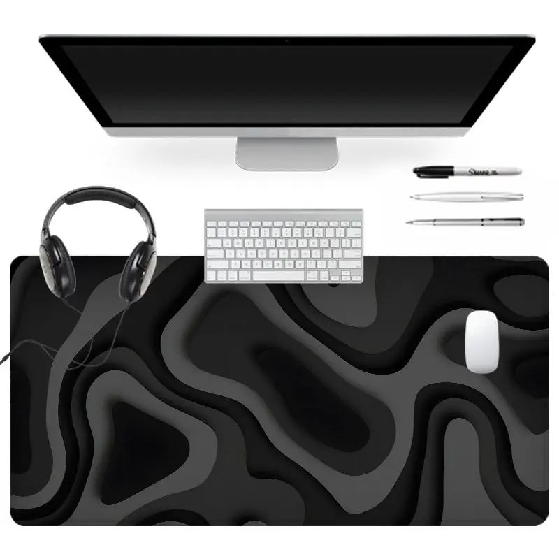 XXL Gaming Mouse Pad Topographic Design, Large Extended Desk Mat Keyboard Mouse Mat 35.4x15.7 Inch, Non-Slip Rubber Base, Abstract Black Topography Contour Map Mousepad for Gaming Office, Mouse Pad for Laptop (Black/Grey)