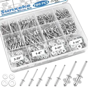 780pcs Pop Rivets with Washers Assortment Kit,14 Sizes Pop Aluminum Rivets(3/32 1/8 5/32 3/16 1/4 inch) and 4 Sizes washers,Assorted Blind Rivets for DIY/Automotive Repairs/Furniture with Box