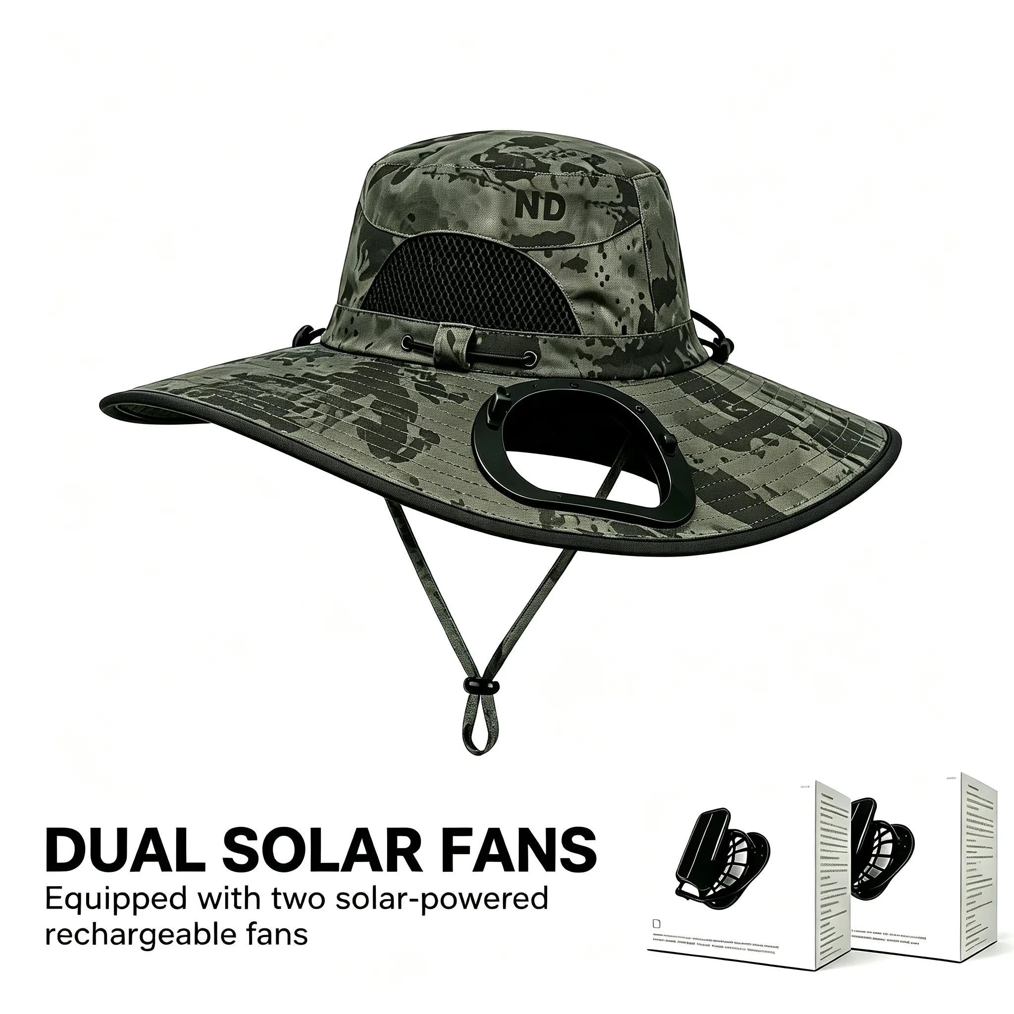 2026 Wide Brim Fan Hat with Dual Fans, UPF 50+ UV Protection, Waterproof Breathable USB-C Rechargeable Bucket Hat for Construction, Landscaping, Lawn Mowing, Yard Work, Fishing, Hiking, Camping, Golf, Gardening & Outdoor Work