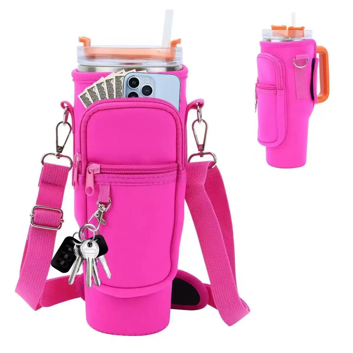 40 oz Tumbler Neoprene Cover, Bottle Holder Storage Bag with Phone Pocket, Cup Holder Storage Bag, Adjustable Crossbody Strap, Handheld Handle, Scratch-Resistant for Travel Outdoors, Bottle Holder Storage Bags
