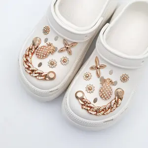 Sparkly Gold Shoe Charms for Clogs - Designer Style Rhinestone Chains & Crystal Charms Pack - Cute Pineapple & Cross Jewelry Decoration - Fashion Gift Idea
