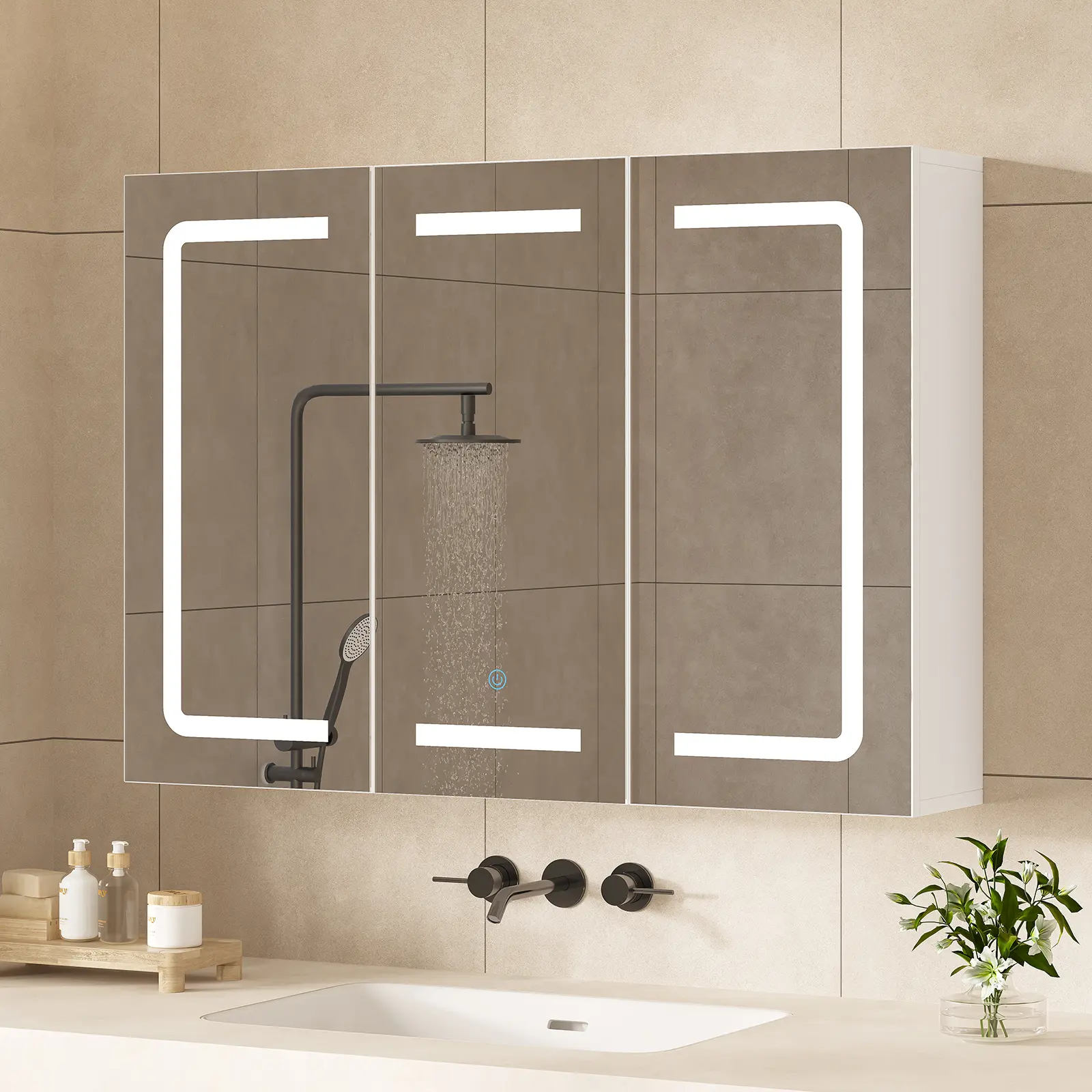 Hasuit Medicine Cabinet Organizer with Mirror Lighted Bathroom Medicine Cabinet with Storage 3 Doors Wall Cabinet LED Lights Adjustable Shelves Outlets 31.5 x 23.6,dorm essentials,home decor