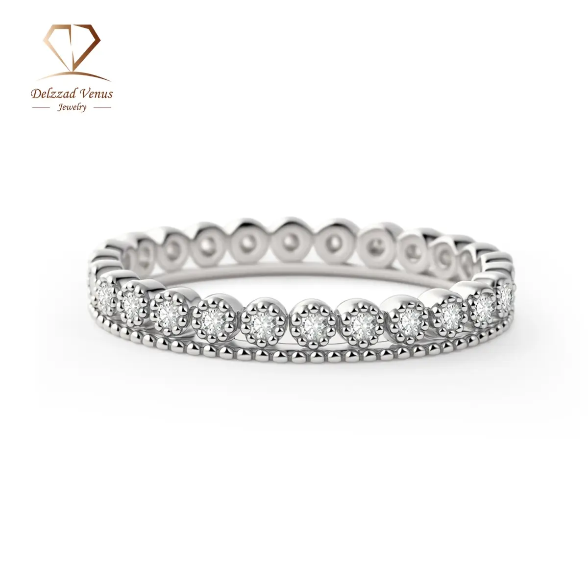 Delzzad Morning Dewdrop Ring Vintage Double Row Eternity Wedding Band Ring VVS Synthetic Moissanite Ring Jewelry Copper Band Perfect Birthday Engagement Wedding Anniversary Christmas Valentine's Day Gift