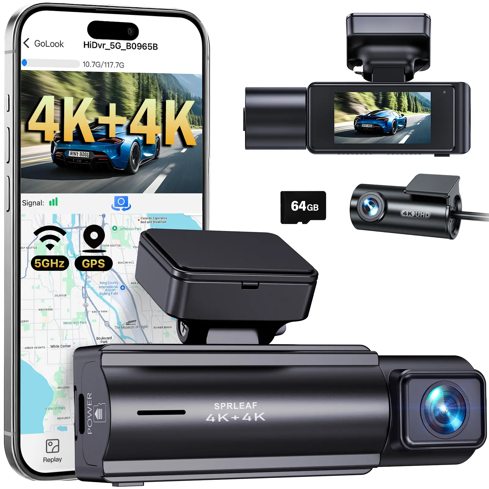 Dash Cam Front and Rear, 4K+4K Dual Dash Camera for Cars, 5.8GHz WiFi GPS, Night Vision, 24-Hour Parking Mode, Included 64GB Card, 1.97” Display, WDR, G-Sensor, Loop Recording (HD13)