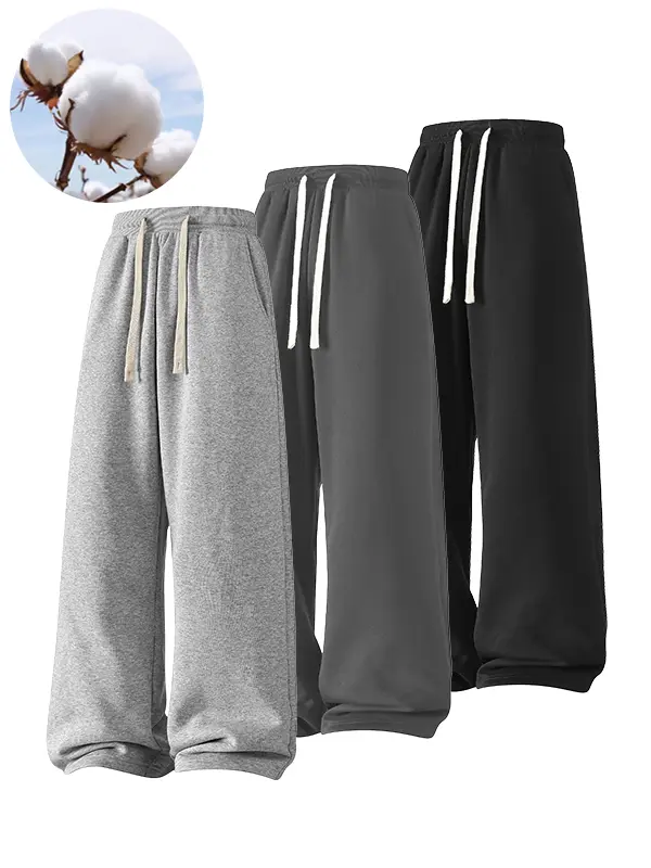 Men's Solid Thermal Lined Drawstring Waist Pants, Casual Comfy Loose Fitting Trousers for Fall & Winter, Men's Bottoms for Daily Wear, Relaxed Fit