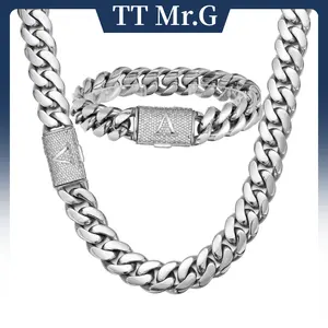 Silver Stainless Steel Cuban Link Chain & Bracelet Set for Men, 14mm Heavy Miami Cuban with A–Z Initial Letter Clasp, Gothic Punk Hip Hop Style, Personalized Matching Jewelry Set Gift for Him, Bold Statement Daily Wear summerwins