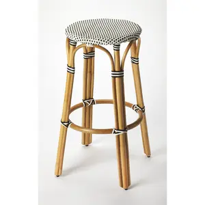 Tobias Round Rattan 30" Bar Stool in White and Black Dot  9370295