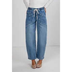 Lydia Medium Wash High-Rise Drawstring Barrel Jeans