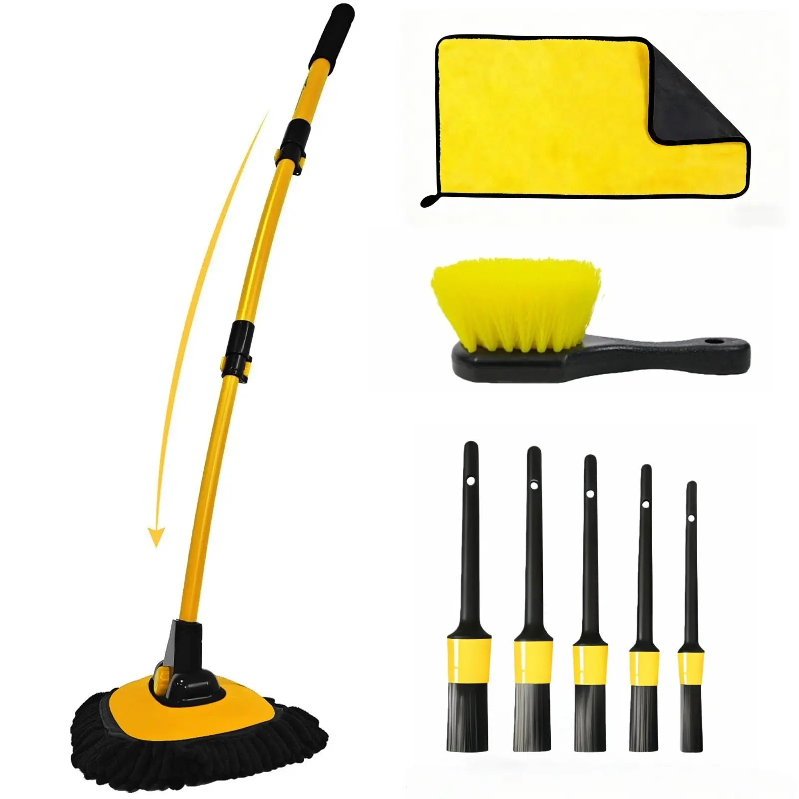 Extendable Car Wash Brush Kit - 90° Adjustable Head, 15° Curved Handle for SUV/Truck, 8-Piece Cleaning Set with Wheel & Detailing Brushes