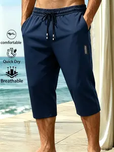 Men's Summer Quick-Dry Sports Capri Pants, Activewear Bottoms, Lightweight Breathable Polyester, Loose Fit, Fashion Casual Wear, Sweat-Resistant Fabric