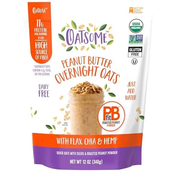 Oatsome PBfit Overnight Oats - Peanut Butter Flavor with Chia Seeds, Flax Seeds and Hemp Seeds - Gluten Free Oatmeal with 11g of Protein - 12 oz