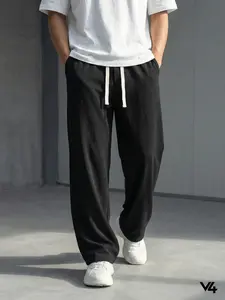 Vibe404 Men's Ice Silk Wide Leg Pants Summer Cooling Thin Baggy Trousers Crinkle Texture Breathable Streetwear Casual Comfy Pants Elastic Waist Drawstring Casual Loose Fit Black Woven Airflow Menswear Pants