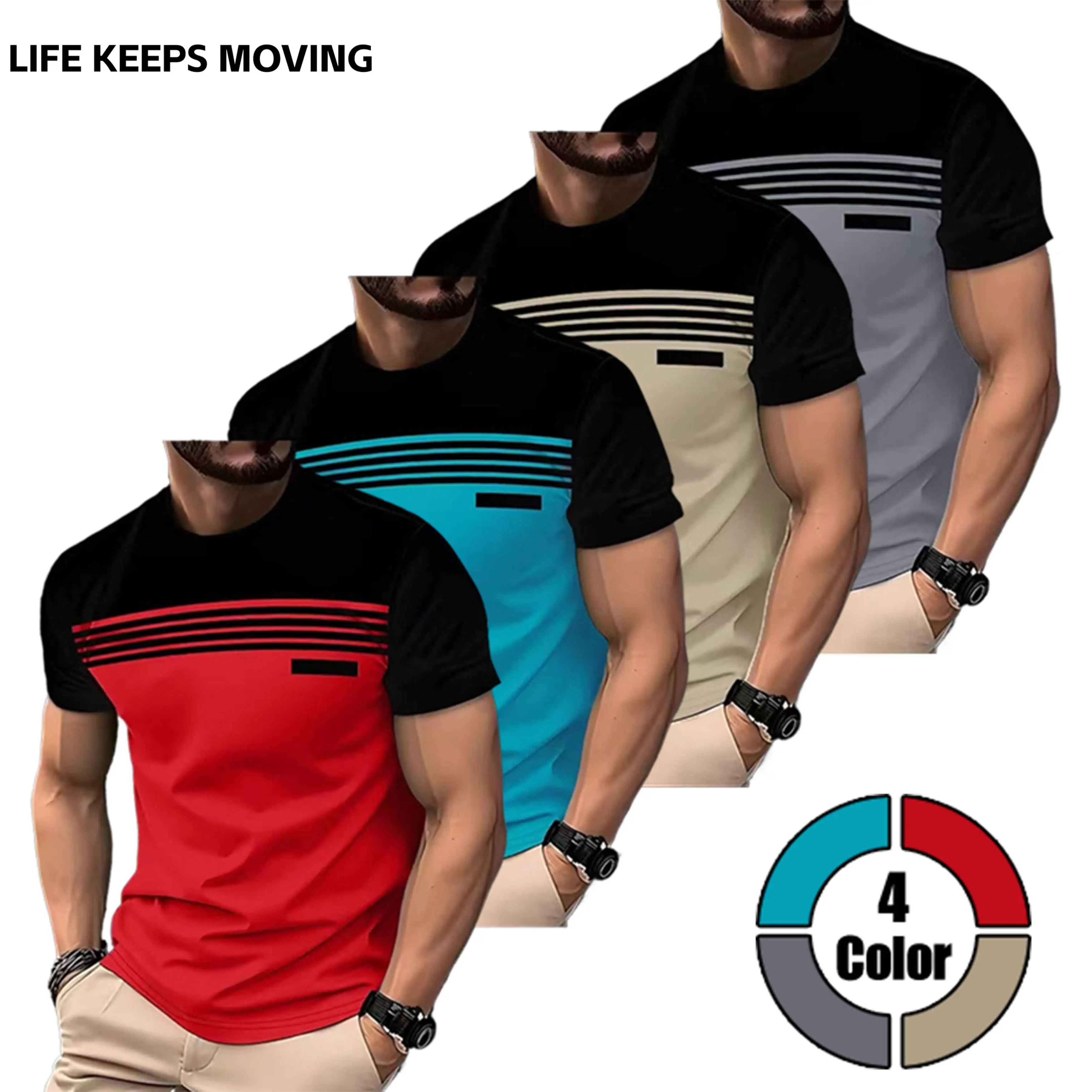 LIFE KEEPS MOVING Men’s Short Sleeve T-Shirts, 4 /3/2Pack, Striped Panel Design; Casual Everyday Wear, Comfortable Breathable Fabric, Suitable for Summer.