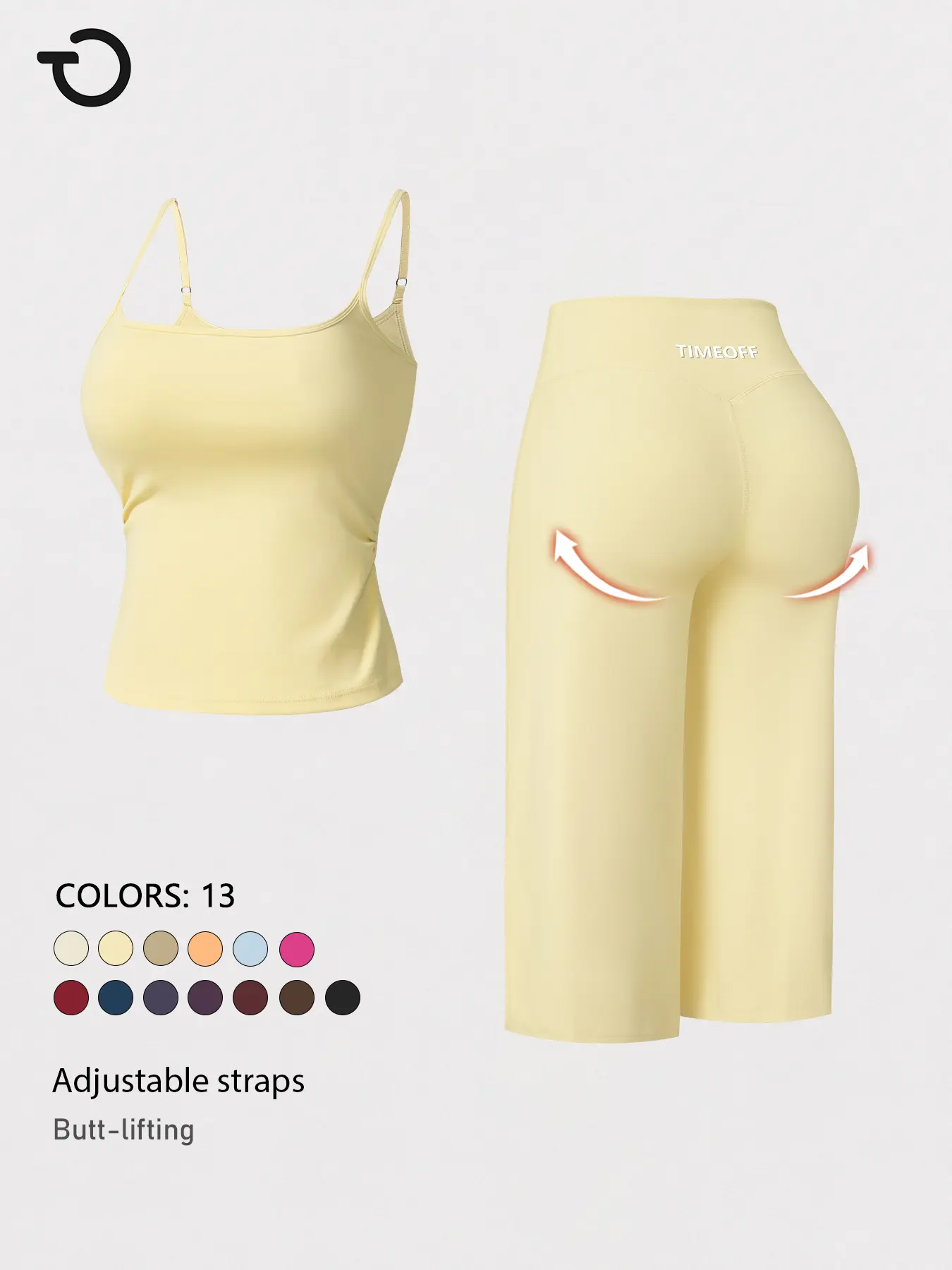 TIMEOFF Women's 2 Piece Set Cami Top Adjustable Straps & High Waist Wide Leg Capri Pants, Butt Lifting for All-Day Comfort, Yoga Casual Wear