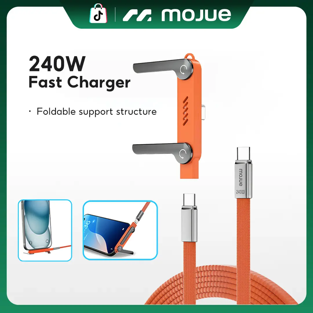 MOJUE 240W Invisible Stand Fast Charging Cable, 240W USB C to USB C Flat Cable 90 Degree Angled, Sideways Phone Type C Charger Cord (4.9FT) Compatible with iPhone 15 16 17 Series ,Samsung S26 S25