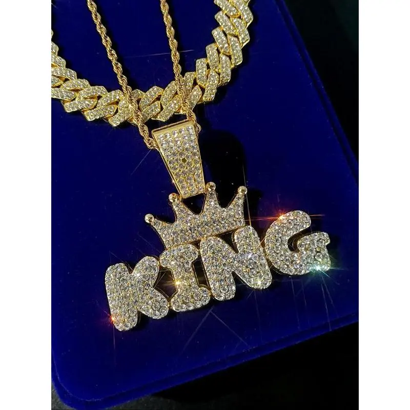 Hip Hop Crown & King Pendant Chunky Chain Necklace, Rhinestone Decor Cuban Link Layered Necklace for Men, Fashion Accessories for Party, Daily Decor Hip Hop Crown & King Pendant Chunky Chain Necklace, Rhinestone Decor Cuban Link Layered Necklace for Men, Fashion Accessories for Party, Daily Decor