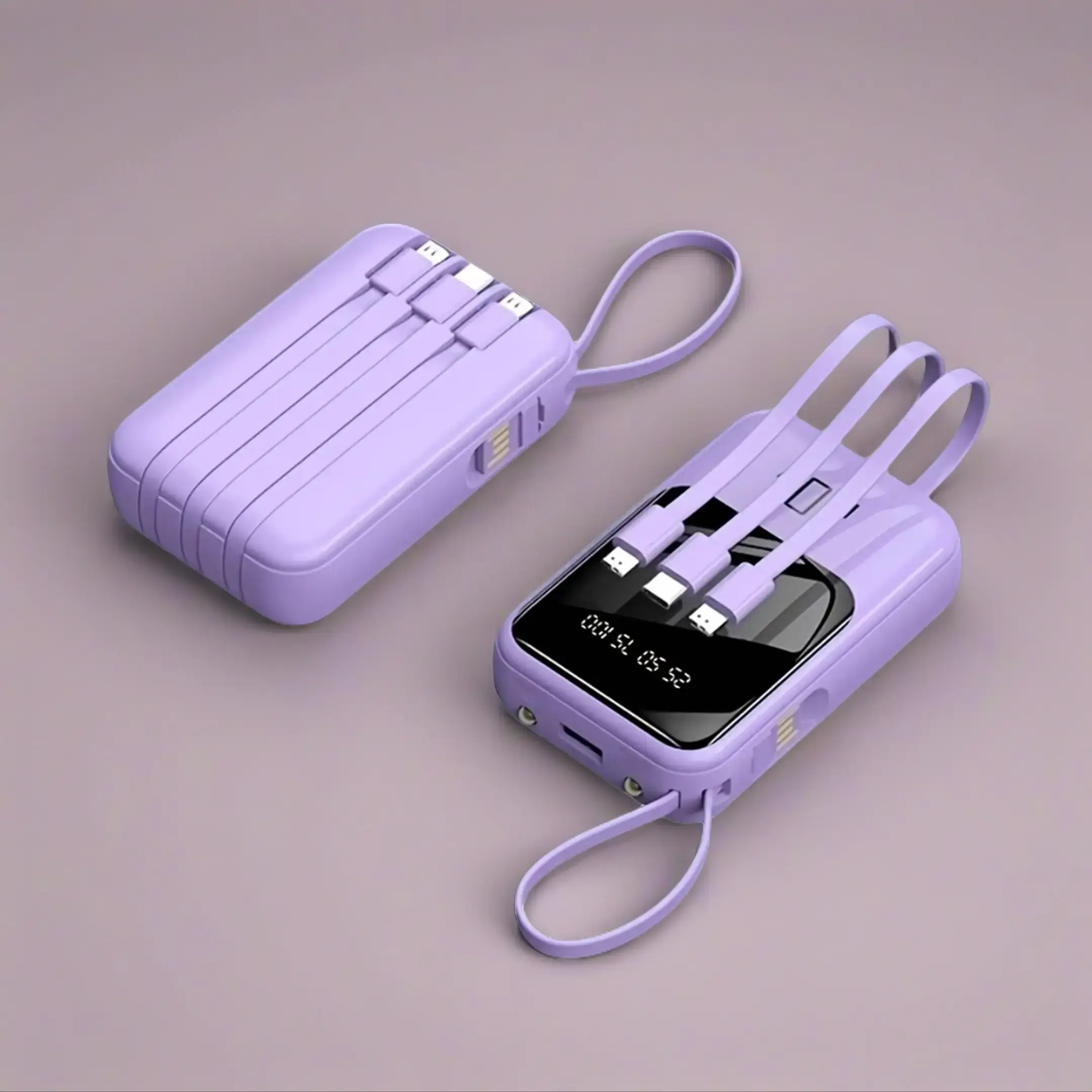 20000mAh Built-in 4 Cables Portable Power Bank LED Digital Display Dual USB Output External Battery Pack with LED Flashlight Lanyard Portable Charger for iPhone Android