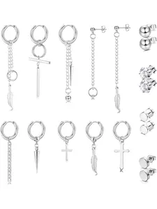 18Pcs Dangle Earrings for Men Women Stainless Steel CZ Ball Stud Earrings Feather Long Chain Pendant Kpop Hoop Earrings Piercing Set Jewelry Accessories,Black and Silver