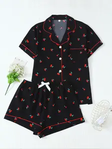 Women's All Over Cherry Print Short Sleeve Pajama Set, Cute Casual Comfy Button Front Chest Pocket Design Lapel Neck Top & Bow Decor Elastic Waist Shorts PJ Set, Ladies Fashion Sleepwear for Summer