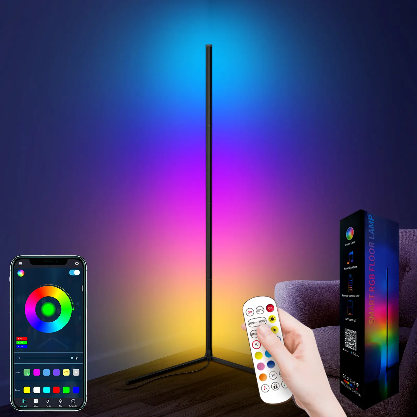 QIANGHE LED Floor Standing Ambient Light - App & Remote Control, Music Sync, 16M RGB Colors, Aesthetic Decorative Fixture for Bedroom, Gaming Setup Accessories, Home Improvement