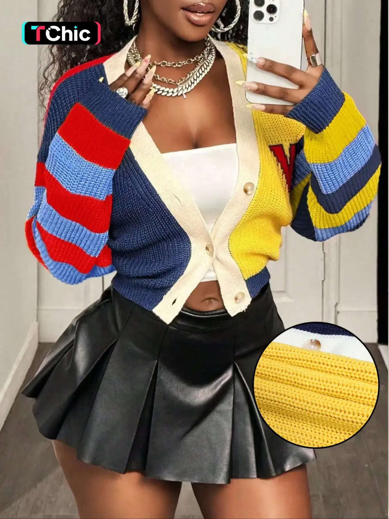 Women's Colorful Striped Knit Fabric Cardigan, Long Sleeve V-Neck Short Design, Casual Comfortable Knit Jacket, Spring & Fall Fashion Knitwear