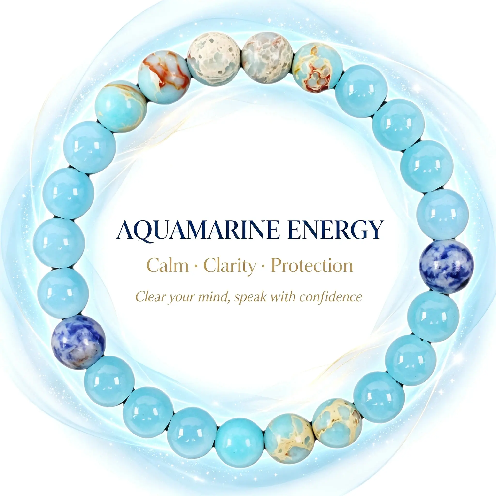 Aquamarine and Shoushan Stone Handmade Beaded Bracelet, Grounding Stone for Inner Peace, Clarity and Courage, Calming Healing Crystal for Daily Wear, Meditation, Yoga and Gift, 8mm Adjustable Unisex