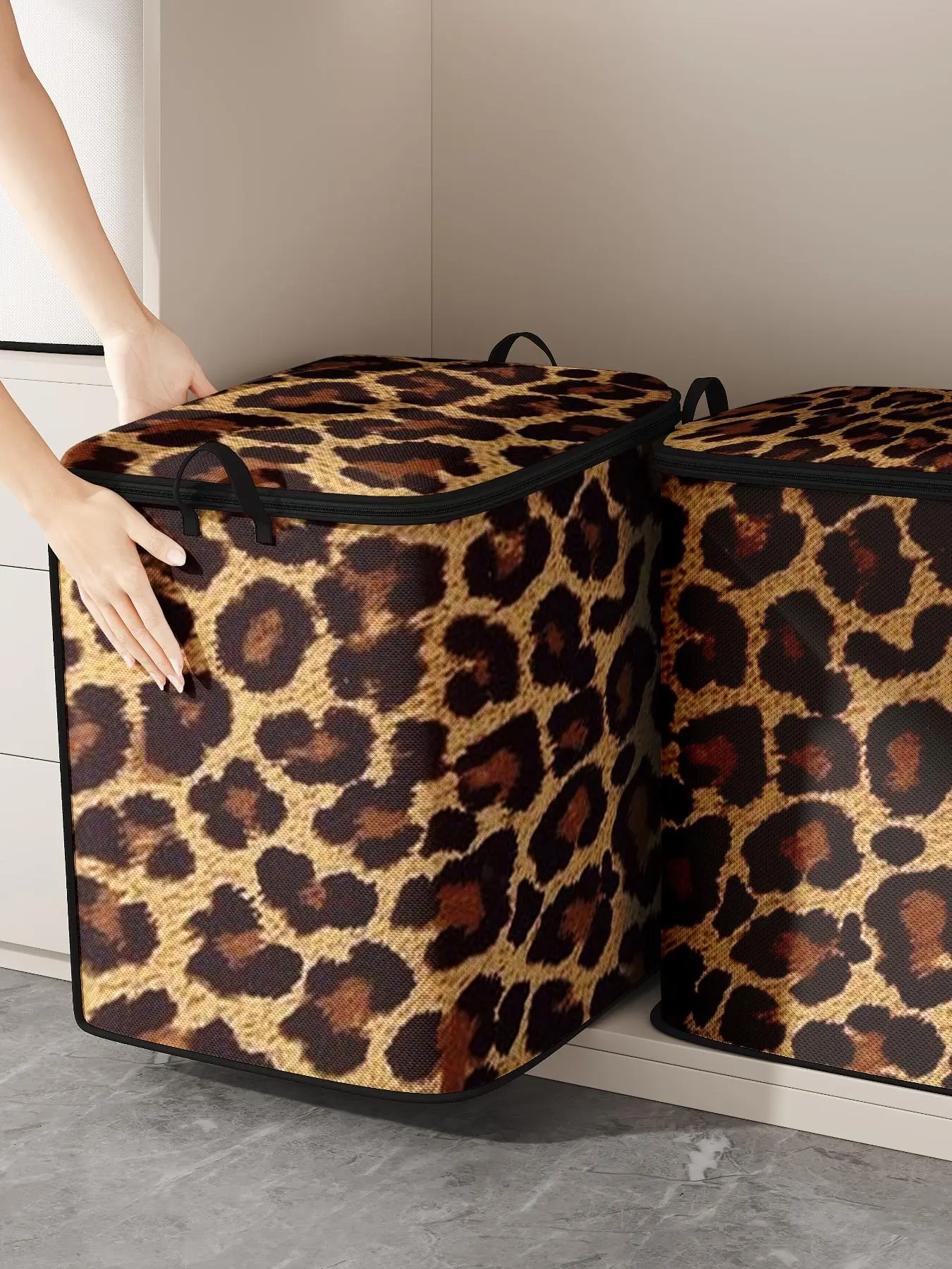 Leopard Print Large Capacity Clothing Storage Bag, Collapsible Clothes Storage Box with Zipper, Zippered Organizer, Suitable for Moving, Storage, Sorting, Business Trips