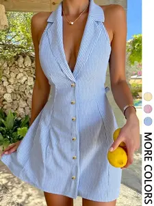 Women's Summer Striped Halter Short Dress, Deep V Neck, Single Button, A-Line Skirt, Vacation Party Style, Casual Wear, 1 Piece