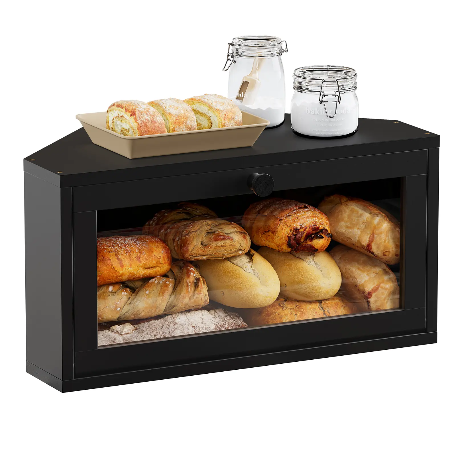Large Bamboo Corner Bread Container - Lidded High-Capacity Non-Aluminum Kitchen Storage Organizer with Magnetic Door for Home Bread, Snack Cake Food Storage