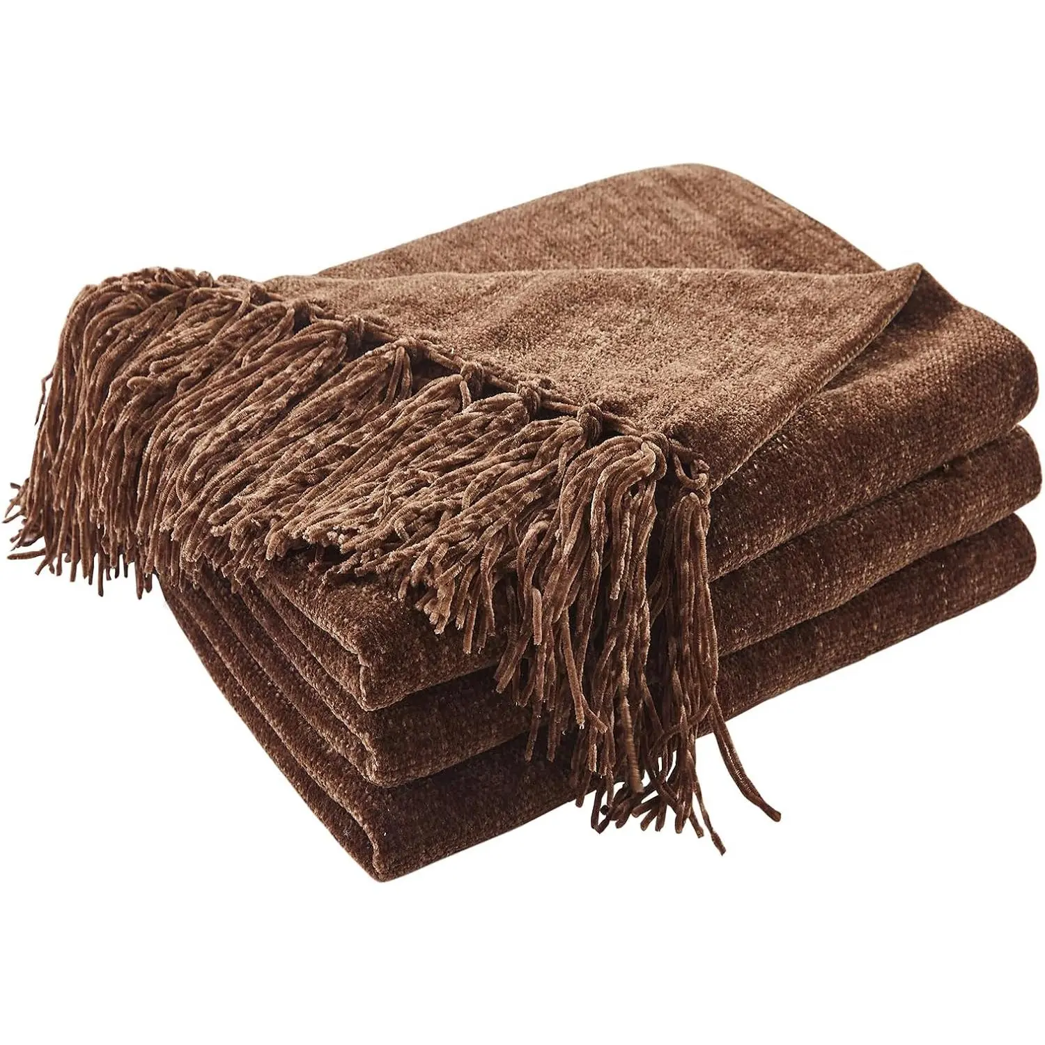 Chenille Throw Blanket for Couch, Cozy Plush Fuzzy Decorative Dark Brown Blanket with Fringe Tassels, Lightweight Throws for Bed Sofa   Decor, 60"X80"