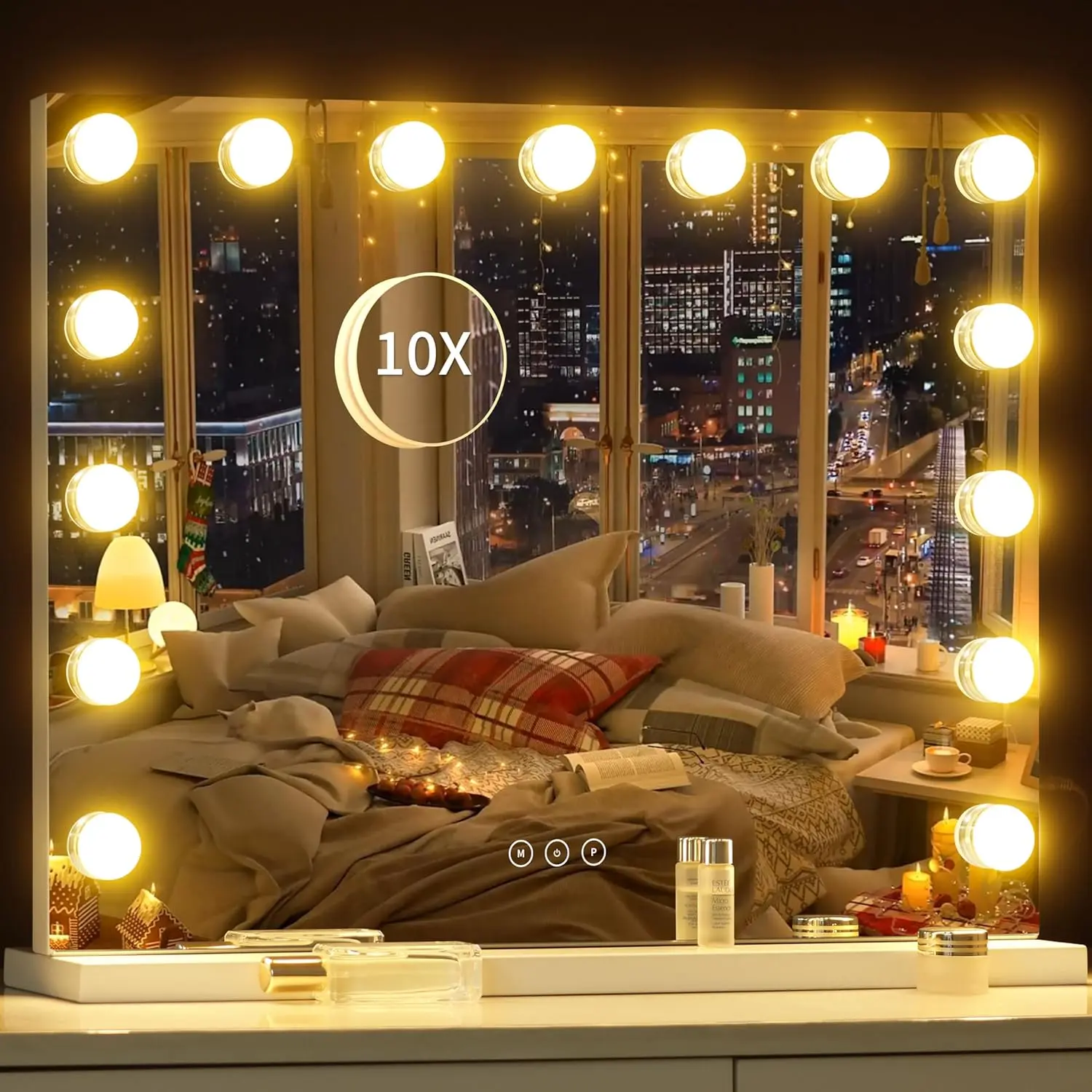 Hoodink Vanity Mirror with Lights, 23" x 18" Hollywood Mirror, Light Up Makeup Mirror with 15 LED Bulbs for Bedroom Desk, 3 Color Lighting Modes, Tabletop & Wall Mount, USB Charging Port,Gifts for Women Wife Teengirls White,dorm essentials,home decor