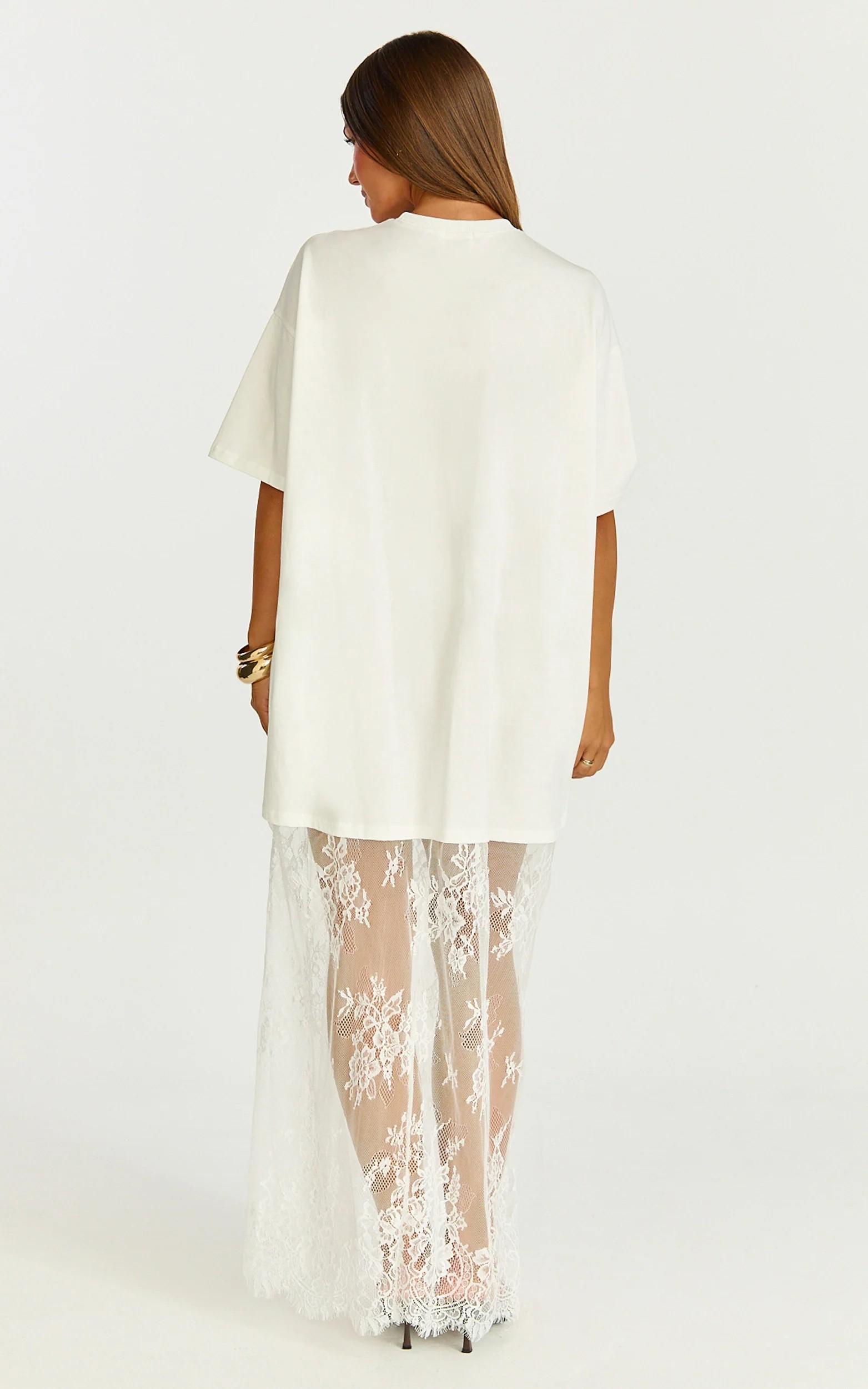 Mntaor Women's Oversized T-Shirt Maxi Dress with Sheer Lace Hem Drop Shoulder Short Sleeve Perfect for Street Style