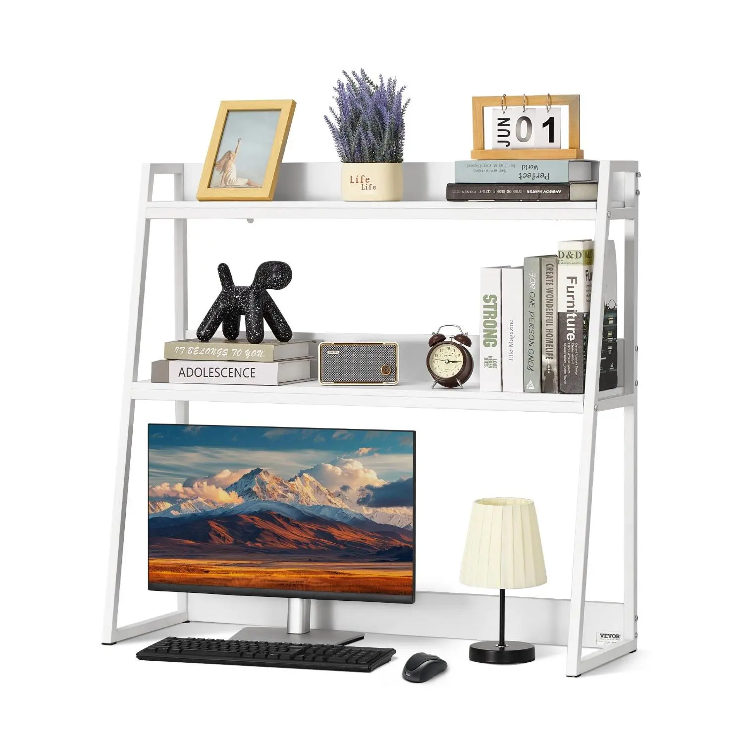 VEVOR Desktop Bookshelf, 2-Tier Desktop Storage Organizer, 37.4" x 12.6" x 35.4" Office Desk Storage Rack Display Shelf, Desktop Bookshelf Hutch with Anti-Slip Feet Pads, for Office, Home & Dorm, WhiteSummervibes