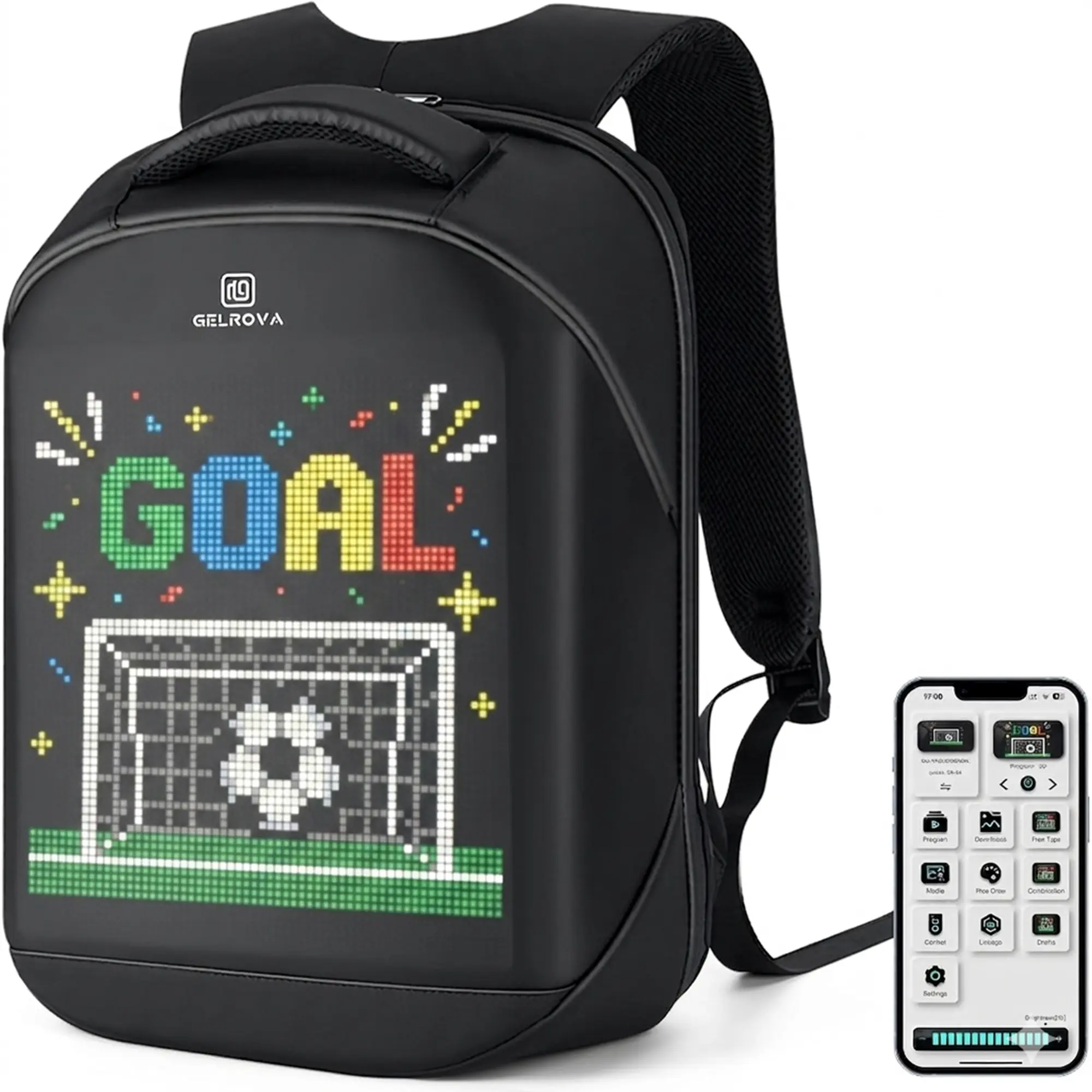 Gelrova City Series LED Pixel Art Backpack - Unisex App-Controlled Laptop Bag with Adjustable Shoulder Straps, Mesh, LED Display, Power Bank Compatibility, Fits 15.6-Inch Laptops (Gym Sports & Outdoor Accessory), Suitable For Gym Bags, Versatile Use, Led
