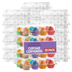 Plastic Cupcake Containers Boxes | 12 Compartment – 20 Pack | Disposable High Dome Dozen Clear Cupcake Holder with Detachable Lid Bulk | Extra Sturdy Stackable Cup Cake Carrier Holders Muffin Boxes