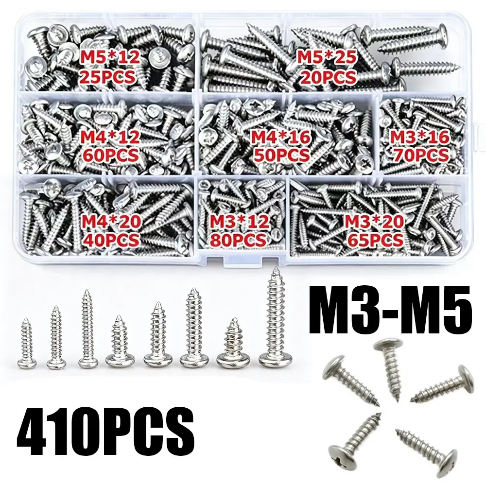 410-Piece Stainless Steel Self-Tapping Screw Set (m3 M4 M5), Round Head Cross Drive Screws, Hardware Accessories, Small Screws