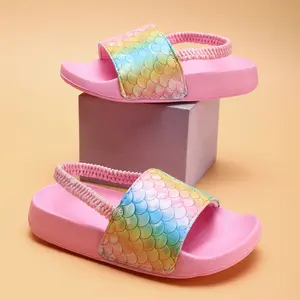 Girls' Home Slippers Fashionable Simple Rainbow Fish Scale Sandals Non-Slip Odor-Resistant Lightweight EVA One-Strap Slides