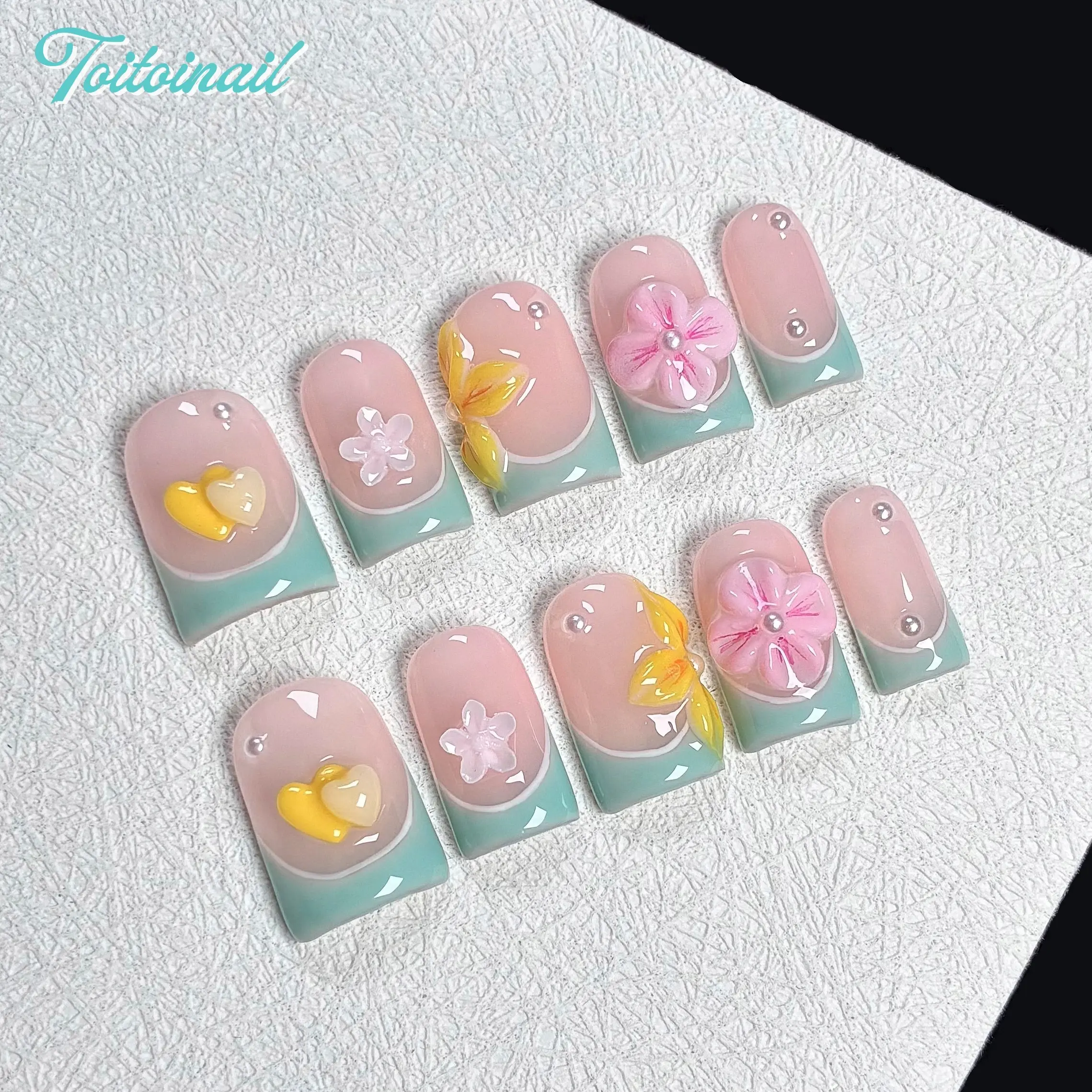 Mint Blossom Handmade Press-On Nails | Medium Square Shape, 10pcs | Nude Base Mint Green French Tip with 3D Flower & Heart Charms | Soft Spring Girl Aesthetic | For Daily, Date, Vacation, OOTD | High Gloss Reusable Nail Art Design Glossy French Tips