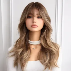 SMILCO/ Linen Gold Long Curly  Wig with  Air Bangs 20 inches Synthetic Lace Wig /SM6088