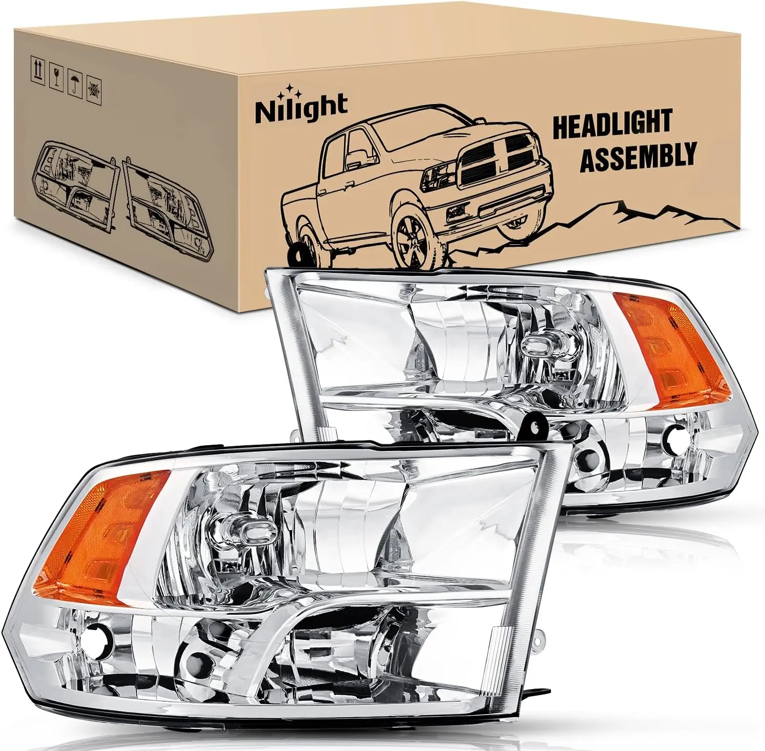 Nilight Headlight Assembly 2009 2010 2011 2012 2013 2014 2015 2016 2017 2018 Ram 1500 2500 3500 Pickup Quad Headlamp Assembly Replacement Chrome Housing Amber Corner Clear Lens,(Only for Quad Models), Car Headlights, Beam Headlight