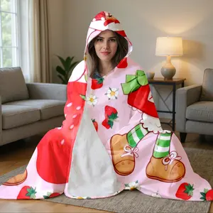 Vintage Strawberry Doll Cat Hooded Flannel Blanket, Wearable Plush Hoodie, Ultra Soft Comfort Warm, Perfect for Home Leisure, TV, Reading, Gaming, Travel, Office Study, Nap, Ideal Gift