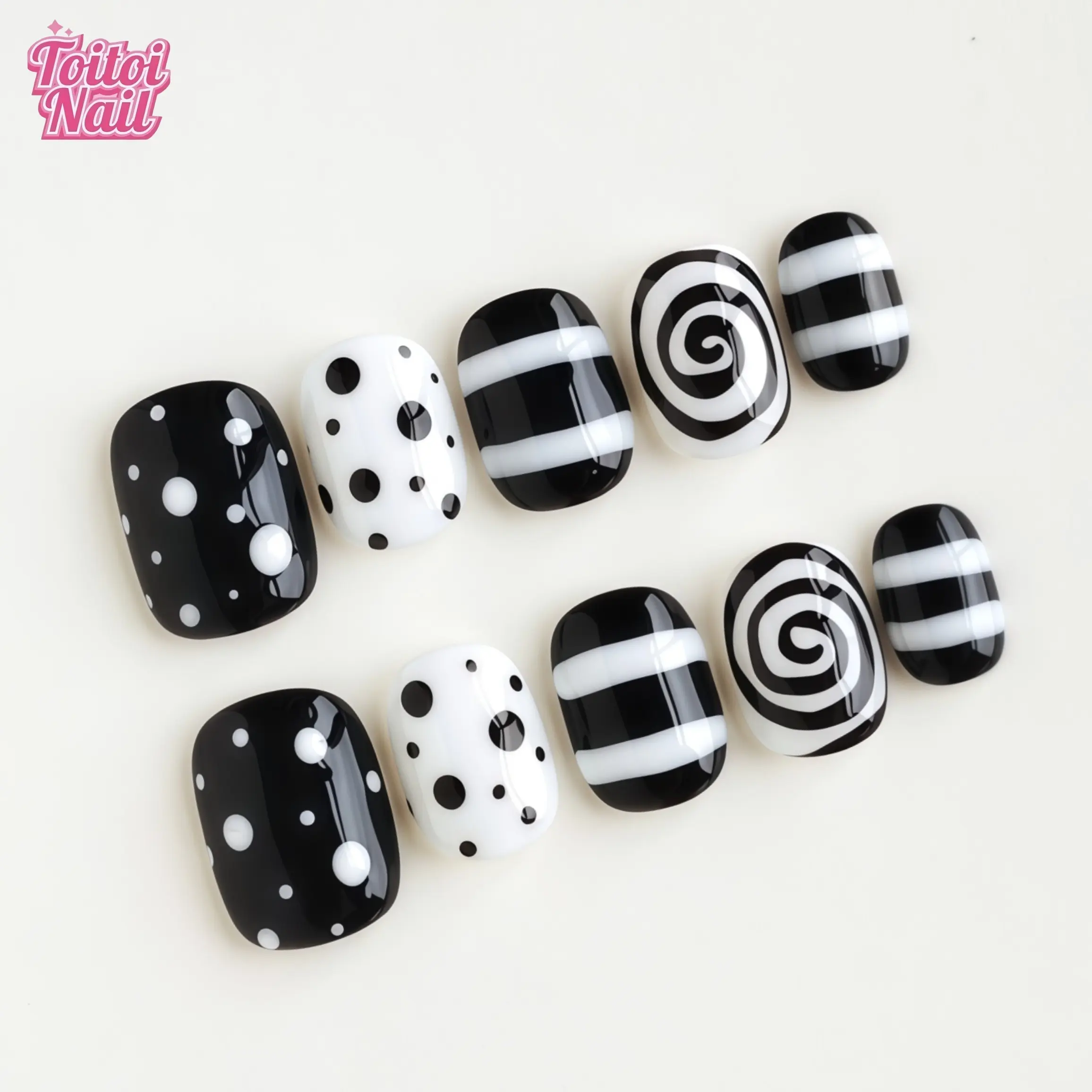 Pop Mix Handmade Press-On Nails | Short Square Shape, 10pcs | Decorative Nails | Edgy Pop Art Swirl Dots Design | Black White Base & 3D Polka Dot & Stripe & Swirl & High Gloss Accents | Reusable DIY Nail Kit for Women, Square Nail Tips