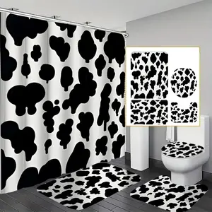 Cow Print Bathroom Accessories, 1/2 Counts Shower Curtain Sets/1 Set Shower Curtain & Toilet U-shape Mat & Rectangular Mat & Toilet Lid Cover Set, Bathroom Decor Supplies for Home Dormitory Salon Hotel