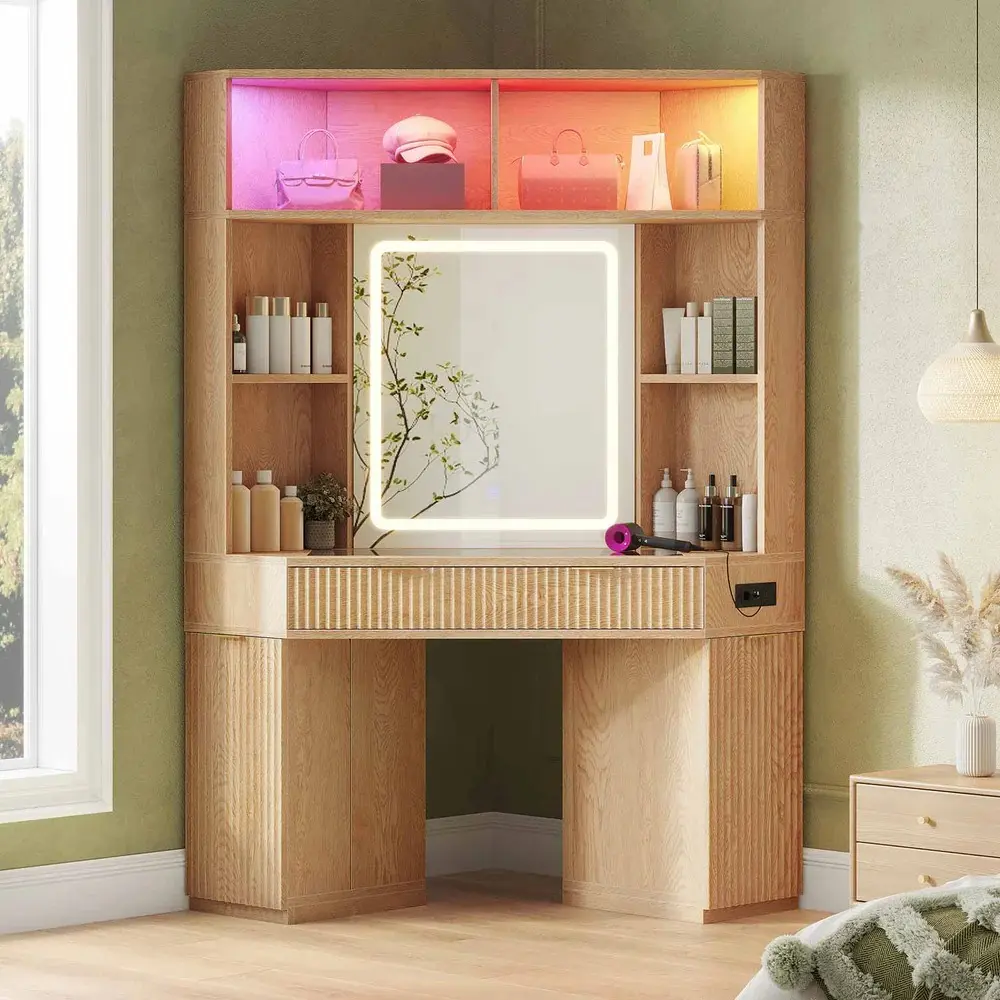 Sikaic Luxury Modern Makeup Vanity Dressing Table - 60,000 Customizable Color Sound Sync LED Lights, Mirror, Power Outlet, Engineered Wood Fluted Corner Desk, Bedroom Decor Storage, Glam Anniversary Gift