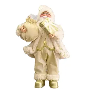 Christmas Decoration for Home Santa Claus Plush Doll 30cm Navidad Party Decor in Cream and Gold Outfit with Gift Bag