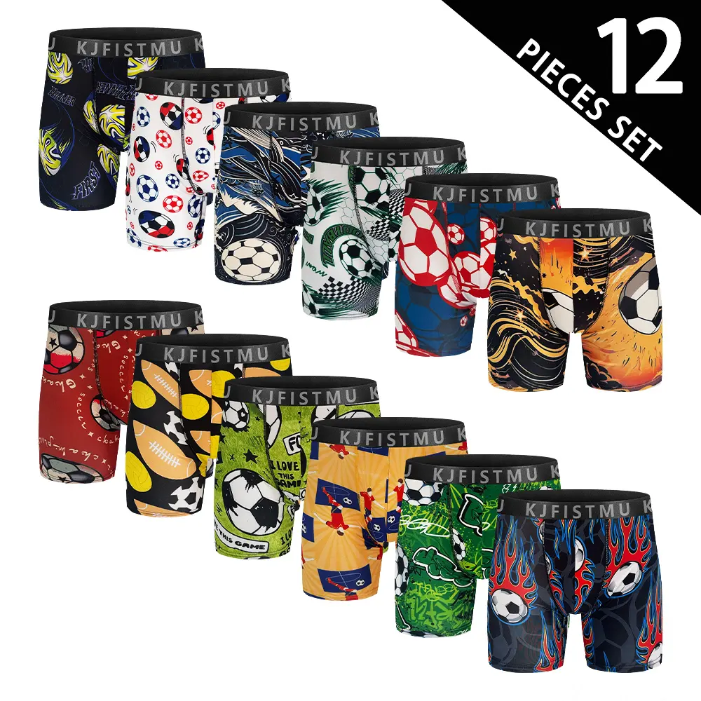 KJFISTMU Men's Boxer Briefs with Soccer Print, 12-pack. Features a soccer pattern, breathable and moisture-wicking design, non-slip and anti-roll-up edges, suitable for office, home, sports and fitness occasions.